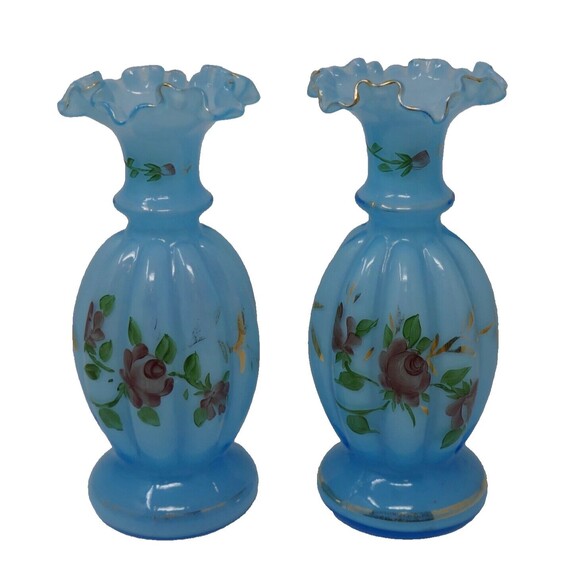 Fenton Melon Hand Painted Floral Blue Glass Vases Gold Trim - Picture 1 of 13